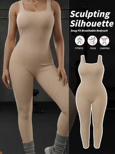Plus Size Women Seamless Tummy Control Lifting Arm Jumpsuit Shapewear, Casual Yoga Outfit For Outdoor Wear
