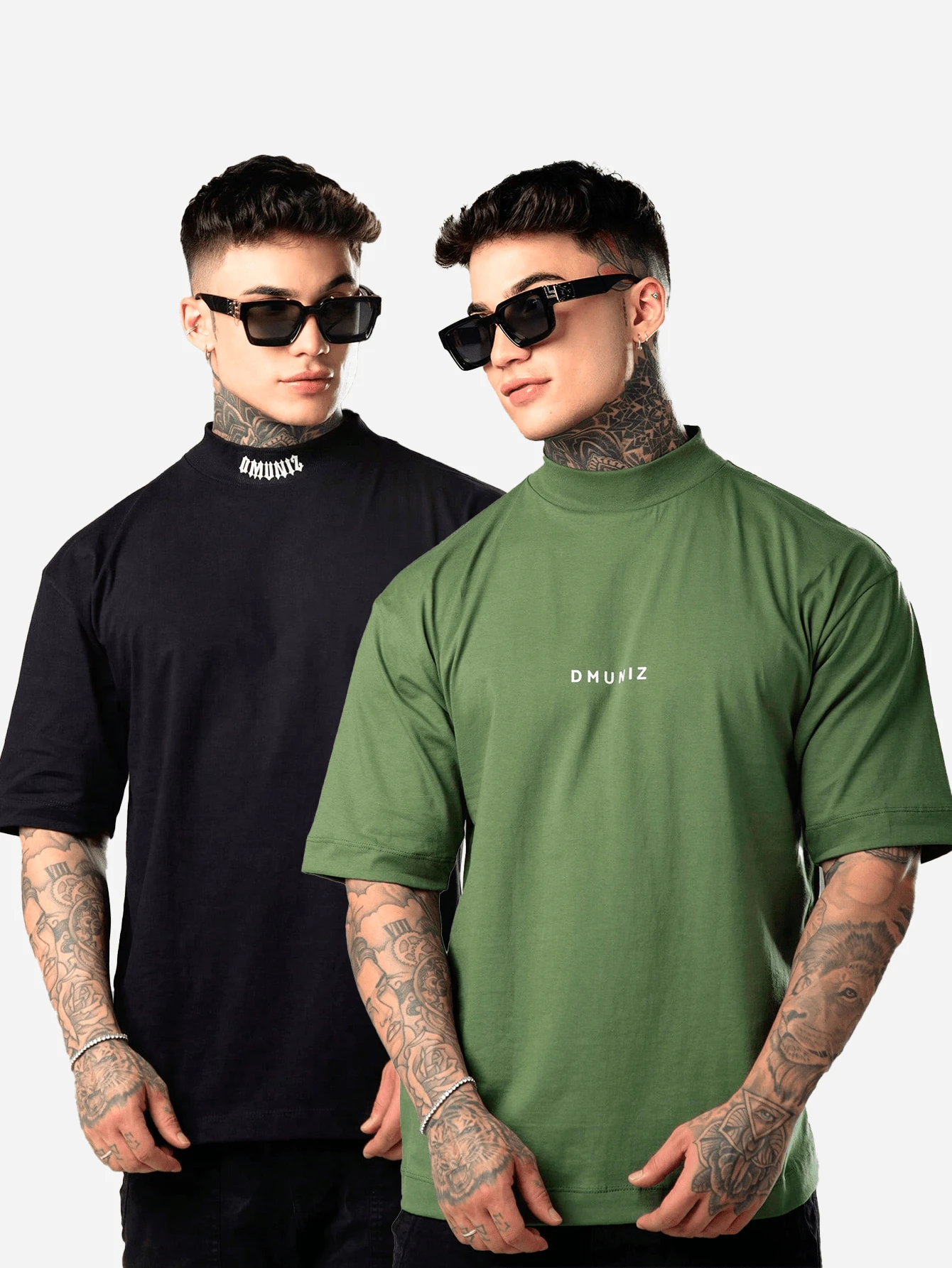 Kit 2 Camisetas DMUNIZ Oversized Streetwear Gola Alta Estampada Glorious e Peito Estampado - Preta Estampa Glorious/Verde Estampa Peito - Visão 1