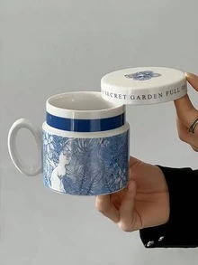 1pc Hand-Painted Blue And White Cat & Bird Ceramic Mug With Lid, French Blue And White Cat Latte/Coffee Mug With Lid, Retro Blue And White Cat Milk/Juice Mug, Suitable For Restaurant, Living Room, Cafe - Multicolor - View 10