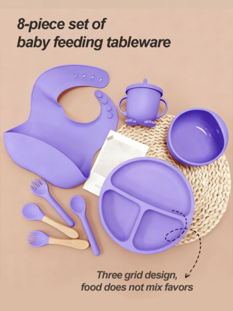 8-Piece Set Of Baby Feeding Silicone Tableware, Purple Smiling Face Child Feeding Aid, Multi Grid Plate Cover, Odorless Food, Double Handle Straw Cup, Silicone Bowl, Bib, Fork Spoon, Can Be Freely Combined For Dining, Cultivating Children's Independent Eating Skills. Simple, Classic, And Durable Style. It Can Be Used In Dishwashers, Microwaves, And Ovens, And Is Suitable For Children Aged 6 Months And Above To Use In Their Daily Lives