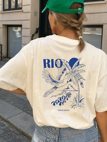Camiseta Brasileira Floral Oversized Tshirt Gola Redonda Verão Tropical Moda Praia - Rio Copacabana - creme - Visão 11