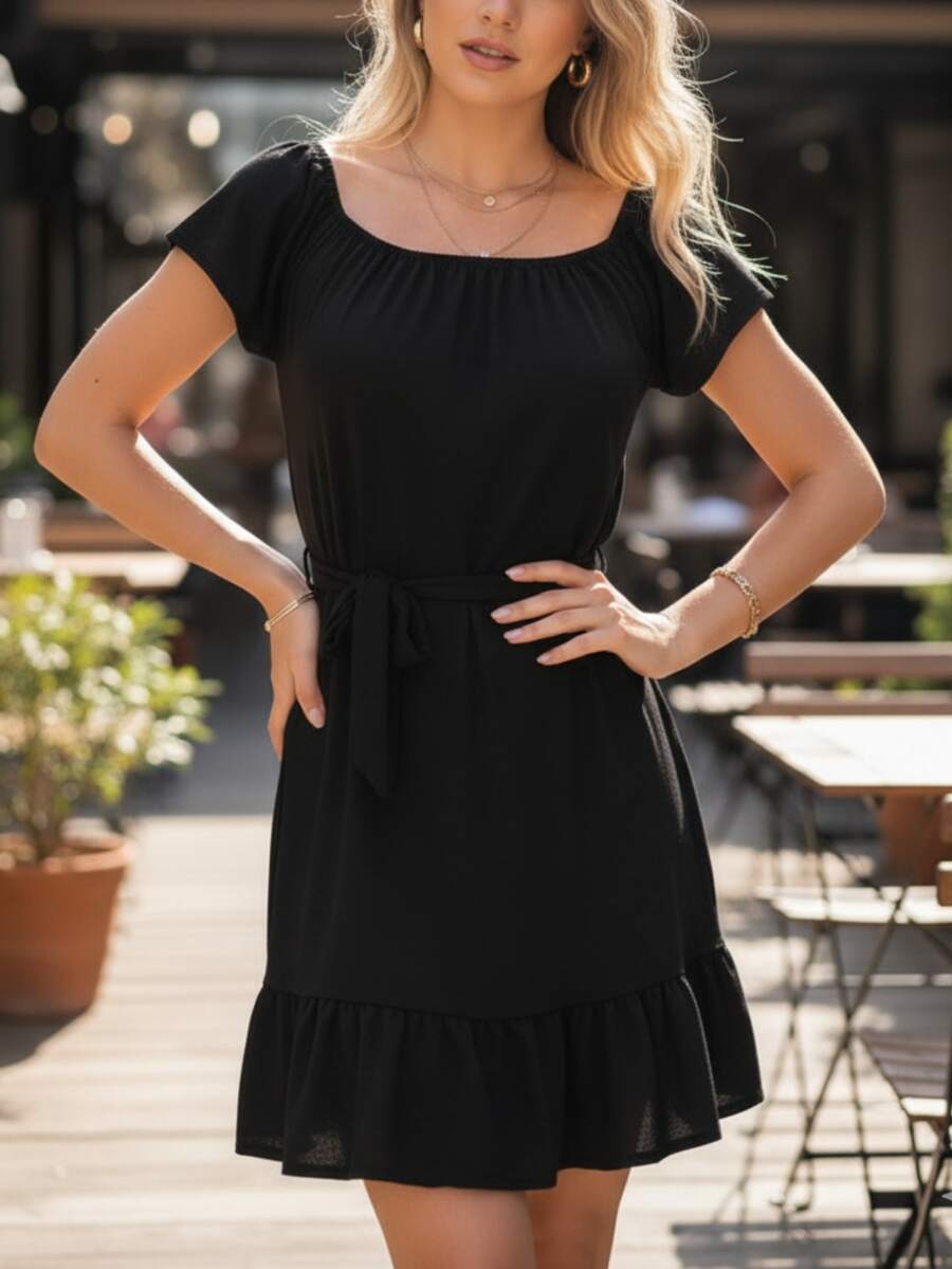 Women's Dress With Versatile Collar, Bow, And Ruffle - 黑色 - 查看 1