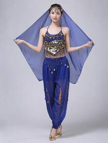 Women's Style Sparkling Belly Dance Three Pieces Set: Sequined Top + Lantern Pants + Headscarf Set For Halloween Carnival Party Stage Performance Costume