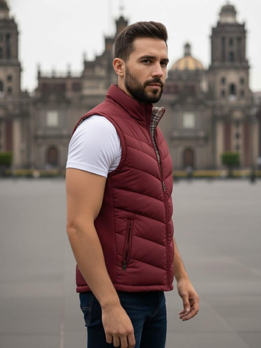 Chaleco Doble Vista Hombre Acolchado | Reversible con Cuadros y Liso Térmico con Bolsillos Ideal Casual & Outdoor Otoño Invierno - Granate - Ver 1