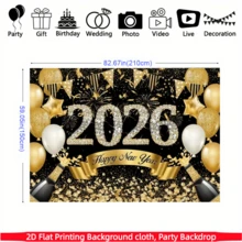 1件 2D 平面，黑色金色 2026 新年快乐背景横幅，涤纶面料，钻石“2026”字母，烟花，香槟，气球，非常适合 2026 新年派对、倒计时庆祝活动，也可作为家居/房间/墙壁装饰、摄影道具和室内/室外节日装饰。 - 彩色 - 查看 6
