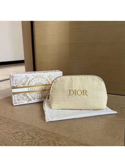 Christian Dior Golden Makeup Pouch With Gift Box, Luxury Textured Fabric & Gold Foil Logo, Holiday Birthday Present, Limited Edition Cosmetic Bag For Women​
