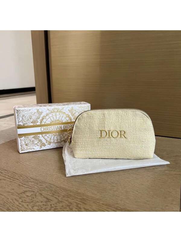 Christian Dior Golden Makeup Pouch With Gift Box, Luxury Textured Fabric & Gold Foil Logo, Holiday Birthday Present, Limited Edition Cosmetic Bag For Women​