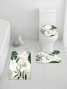 1/3pcs Modern Home Green Leaf Pattern Bathroom Set, Including Bath Mat, U-Shaped Mat, Toilet Seat Cover, Anti-Slip Thick Soft Carpet Mat For Bathroom, Toilet, Living Room, Washable