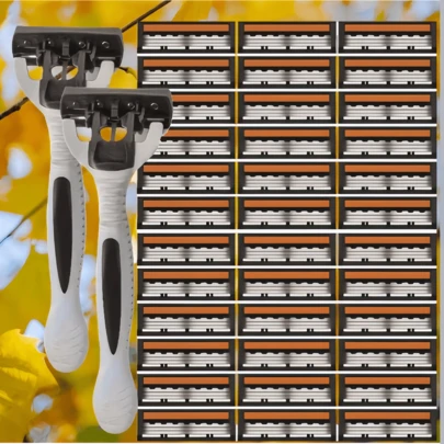 3 层手动剃须刀套装，配有防滑手柄和替换刀片 - 6 个可互换刀片，符合人体工程学设计，适合胡须、面部毛发、时尚修饰必需品、胡须保养，时尚剃须刀设计，不锈钢刀片