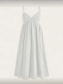 Vestido Casual E Folgado de Alcinha Tecido Em Tear Para Férias de Verão Tecido Simples Nenhum Costas nuas sem costas Franzido Casamento branco réveillon - Branco - Visão 1