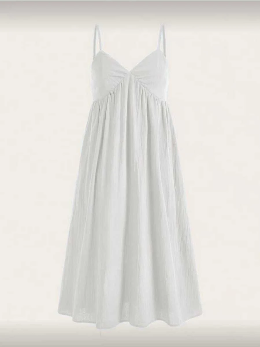 Vestido Casual E Folgado de Alcinha Tecido Em Tear Para Férias de Verão Tecido Simples Nenhum Costas nuas sem costas Franzido Casamento branco réveillon - Branco - Visão 1