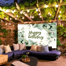 1pc Green Plant Birthday Background, Succulents And Eucalyptus Leaves Birthday Party Photography Background, Polyester Material, Blooming Eucalyptus Leaves Photo Background, Happy Birthday Party Decoration Supplies For Christmas Decorations, Indoor And Outdoor Wall Decoration, Multiple Sizes, Party Supplies