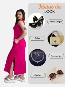 Women's Blogger Dress Long Scoop Neck Casual Pocket Side Slit Elegant Cotton - 玫瑰 - 查看 9