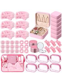 48 Pcs Pink Spa Party Favors For Women Pink Beige Sleepover Set Headband Wristband Scrunchies Hair Clip Jewelry Case Makeup Bag Bridesmaid Gifts - Hồng - Xem 1