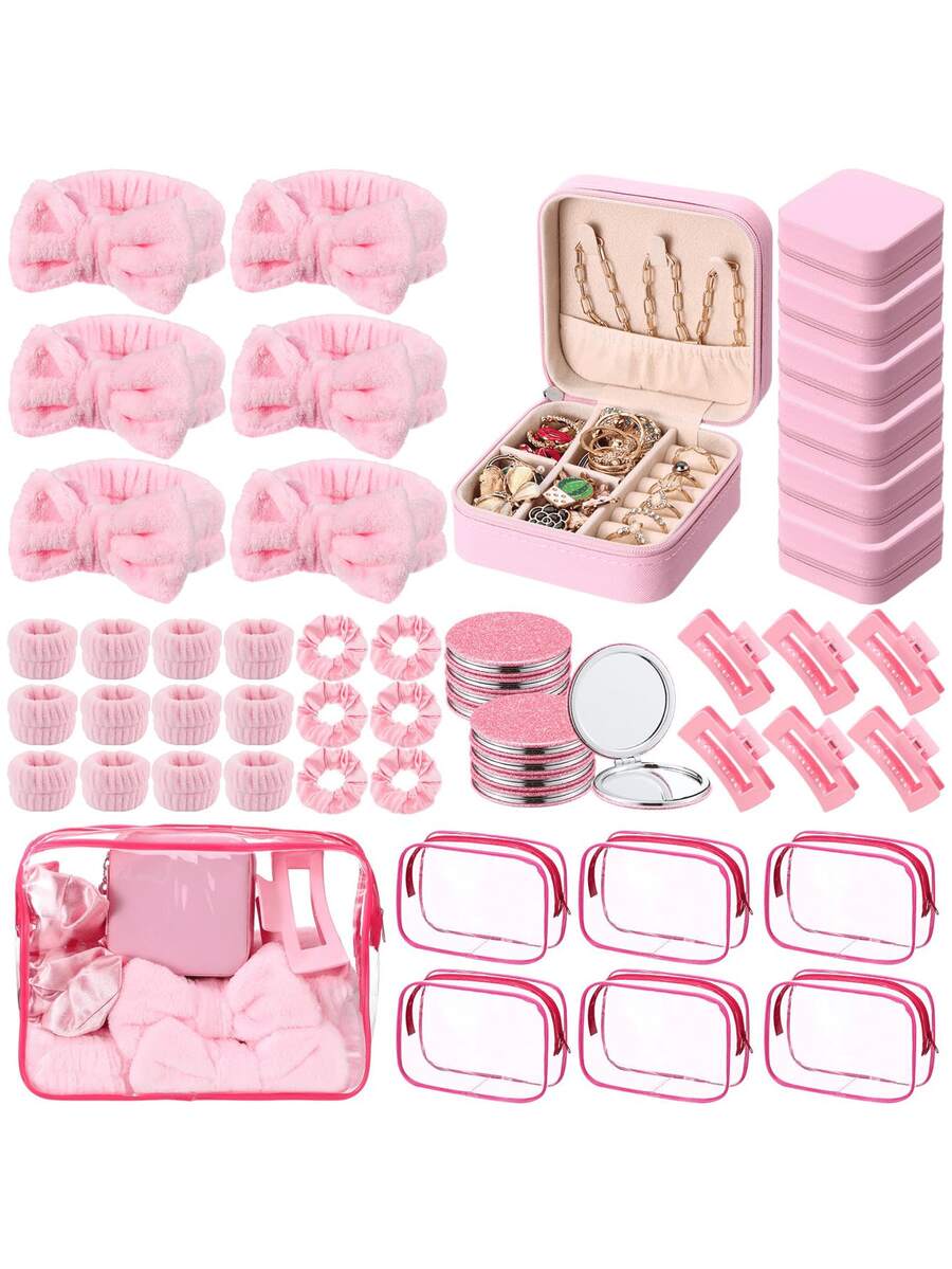 48 Pcs Pink Spa Party Favors For Women Pink Beige Sleepover Set Headband Wristband Scrunchies Hair Clip Jewelry Case Makeup Bag Bridesmaid Gifts - Hồng - Xem 1