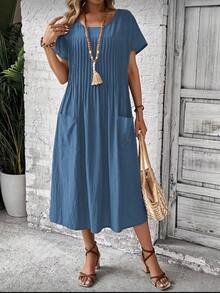 Women's Casual Loose Short-Sleeved Dress With Round Neck, Pleats, Two Pockets, Solid Color, Plus Size Blouse, Summer, Spring, Simple, Casual, Pocket, Vacation - 藍色 - 查看 2