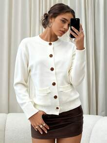 Women's Solid Color Round Neck Flared Sleeve Cinched Waist Knit Cardigan - White - View 7
