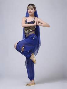 Women's Style Sparkling Belly Dance Three Pieces Set: Sequined Top + Lantern Pants + Headscarf Set For Halloween Carnival Party Stage Performance Costume