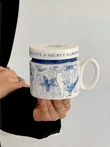 1pc Hand-Painted Blue And White Cat & Bird Ceramic Mug With Lid, French Blue And White Cat Latte/Coffee Mug With Lid, Retro Blue And White Cat Milk/Juice Mug, Suitable For Restaurant, Living Room, Cafe - Multicolor - View 12