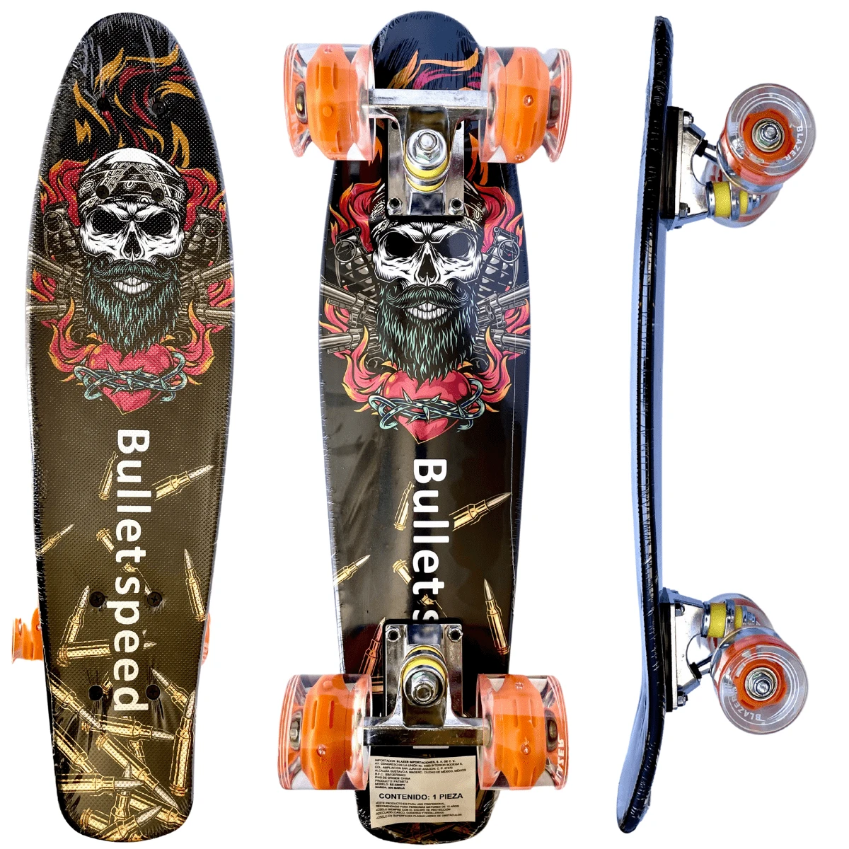 Patineta Penny 22 Pulgadas con Luz Le en las Llantas, varios Diseños, ideal para paseo cortos, Perfecto practicar deporte - Naranja - Ver 1