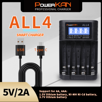  POWERKAN 四槽液晶显示多功能电池充电器，支持 1.2V 镍氢/1.5/3.7V 锂离子 AA/AAA 可充电电池，通用 USB Type-C 5V2A 输入，液晶显示独立充电，过压过充保护，不含电池