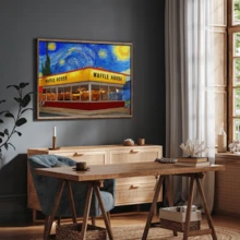 1 pièce Affiche murale vintage, Impression sur canevas du ciel étoilé coloré et de la Waffle House - Art mural vibrant de style Vincent Van Gogh, Art amusant, avec ou sans cadre, décoration de chambre, décoration de maison, décoration de dortoir universitaire, cadeaux pour la décoration murale dans l'hôtel, la maison, le salon, la chambre, la salle de bain et le bureau
