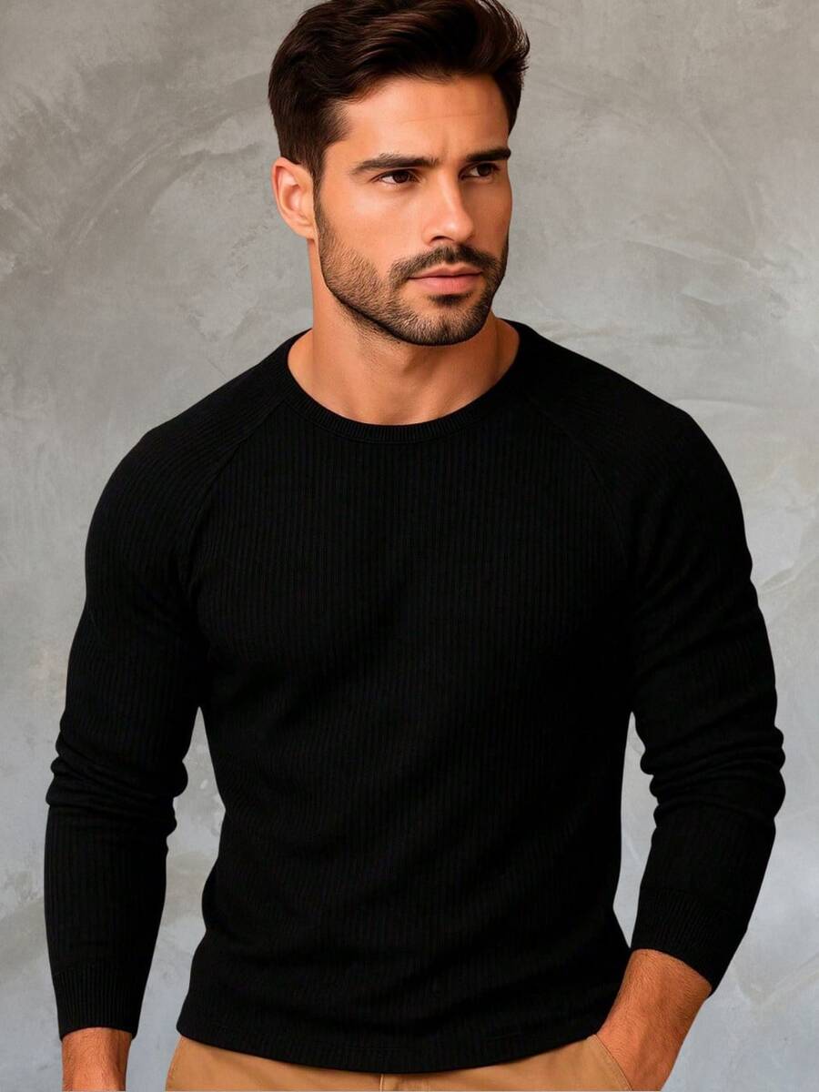 AMERICAN LONG SLEEVE T-SHIRT/BASIC T-SHIRT/RIBBED T-SHIRT - Black - View 1
