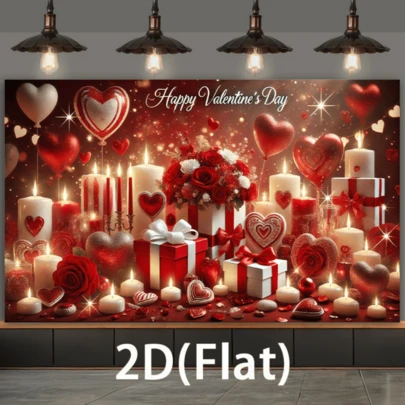 2d Flat, 1 Valentine's Day Heart-Shaped And Balloon Party Background Cloth With The Words "Happy Valentine's Day", Red And Heart-Shaped Candle Gifts With Luminous Effect Door Curtains, Suitable For Weddings