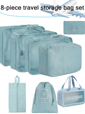 8pcs/Set Travel Organizer Bag Set, Large Capacity Waterproof Luggage Bag, PVC Cosmetic Bag, Skincare Products Organizer, Foldable Luggage Organizer Bag, Underwear Bag, Shoe Bag, Drawstring Bag, Toiletry Bag, Suitable For Pens, Eyeshadow Brushes, Sanitary Napkins, Lipstick, Makeup Brushes, Eyeliner, Lip Gloss, Skincare, Toothbrush, Soap, Shampoo, Comb, Watch, Phone, Necklace, Jewelry, Digital Products Storage,Gifts For Women,Christmas Gifts,Gift Ideas For Women