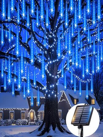 太阳能流星雨串灯，IP54防水，8管流星串灯，适用于圣诞节、万圣节、婚礼、派对和节日树装饰、家居装饰、庭院、花园、室内/室外使用、婚礼、情人节、生日、节日