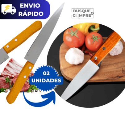Kit 2 Facas de Cozinha de 7 Polegadas de Carne com Cabo de Madeira para Churrasco Cortes em Aço Inox