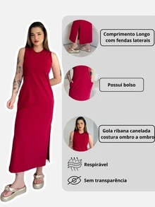 Vestido Longo Básico Casual Elegante Fenda Lateral Bolso Algodão Premium - Marrom Escuro - Visão 8