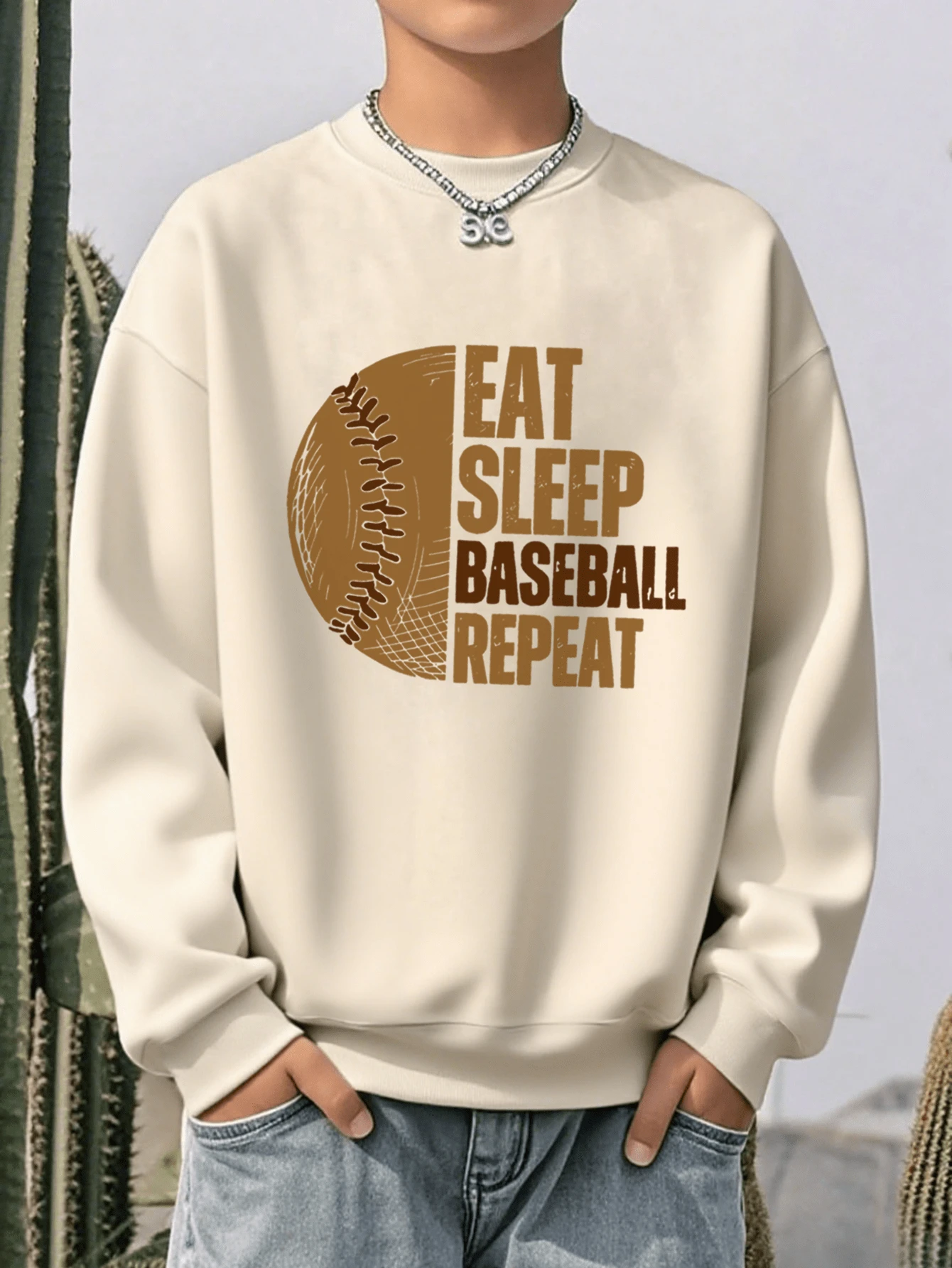 男童休闲棒球印花套头圆领卫衣，宽松版型，新款，秋冬季，学生/青少年服装，长袖上衣 - 杏色 - 查看 1