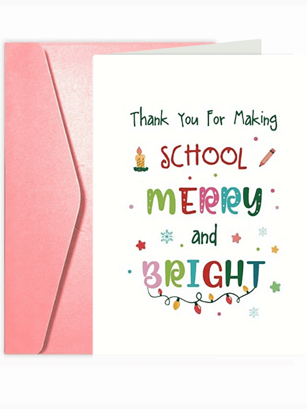 1 pieza Tarjeta de Navidad de "Feliz y brillante" para apreciar a los maestros - Perfecto fin de año Tarjeta de agradecimiento para educadores, regalo festivo navideño del aula de los estudiantes