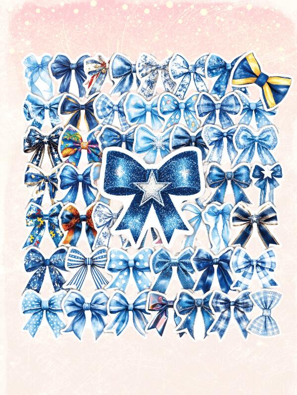 50 piezas Pegatinas de moño azul estético para niños, botellas de agua, portátiles, guitarras, patinetas, scrapbooks, papelería, teléfonos, impermeables, manualidades, calcomanías