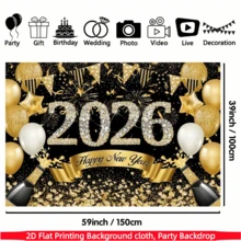 1件 2D 平面，黑色金色 2026 新年快乐背景横幅，涤纶面料，钻石“2026”字母，烟花，香槟，气球，非常适合 2026 新年派对、倒计时庆祝活动，也可作为家居/房间/墙壁装饰、摄影道具和室内/室外节日装饰。 - 彩色 - 查看 16