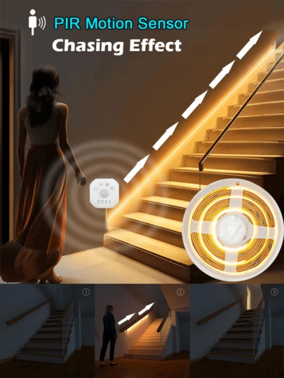 Tira de luz LED COB con sensor de movimiento, opciones de blanco cálido/blanco frío, LED alimentado por USB, longitud de 1 a 5 m, adecuado para iluminación interior/exterior, aplicable para jardín, escaleras, pasillo, dormitorio y otros escenarios