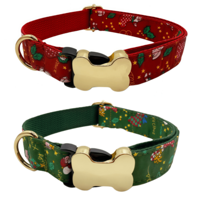 Nova coleira para animais de estimação com estampa natalina em vermelho e verde, com Papai Noel e árvore de Natal (liga de zinco), fivela em formato de osso, dupla camada, macia e confortável, comprimento ajustável, adequada para animais de estimação de grande, médio e pequeno porte. Ótima opção de presente para as festas de Natal e Ano Novo.