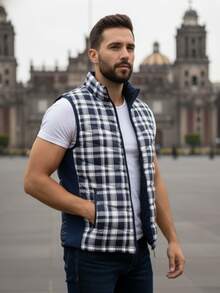 Chaleco Doble Vista Hombre Acolchado | Reversible con Cuadros y Liso Térmico con Bolsillos Ideal Casual & Outdoor Otoño Invierno - Azul Marino - Ver 3