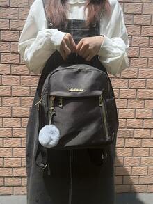 1件装女士时尚小背包大容量休闲旅行背包女士包新款学生书包男女通用纯色口袋拉链背包，旅行日常包，女士休闲学生背包小背包，户外休闲背包带毛绒球吊坠书包