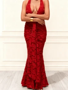 Women Deep V Neck Ruched Maxi Dress Sleeveless Lace Gown Cocktail Evening Formal Dresses For New Year Valentine's Day - Đỏ - Xem 5