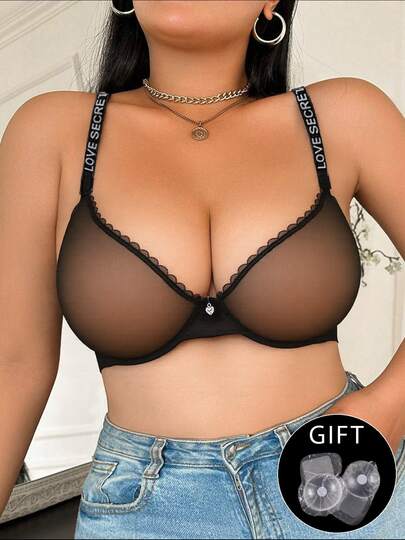 加大码女式黑色性感网眼文胸，透气面料支撑提升钢圈文胸，配有乳贴