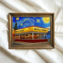1 pièce Affiche murale vintage, Impression sur canevas du ciel étoilé coloré et de la Waffle House - Art mural vibrant de style Vincent Van Gogh, Art amusant, avec ou sans cadre, décoration de chambre, décoration de maison, décoration de dortoir universitaire, cadeaux pour la décoration murale dans l'hôtel, la maison, le salon, la chambre, la salle de bain et le bureau