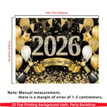 1件 2D 平面，黑色金色 2026 新年快乐背景横幅，涤纶面料，钻石“2026”字母，烟花，香槟，气球，非常适合 2026 新年派对、倒计时庆祝活动，也可作为家居/房间/墙壁装饰、摄影道具和室内/室外节日装饰。 - 彩色 - 查看 9
