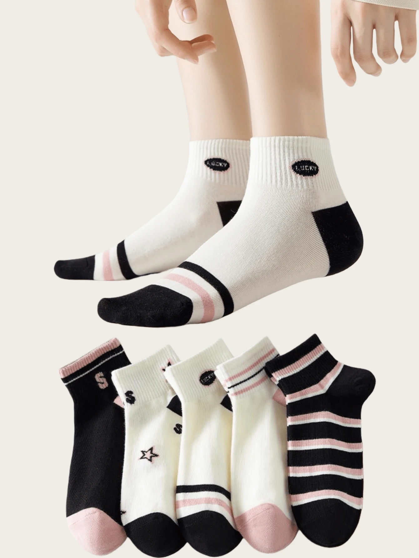 1 paquete de 5 pares de calcetines cortos cómodos, de moda y casuales con letras, rayas y dibujos animados para mujer - Rosa - Ver 1