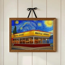 1 pièce Affiche murale vintage, Impression sur canevas du ciel étoilé coloré et de la Waffle House - Art mural vibrant de style Vincent Van Gogh, Art amusant, avec ou sans cadre, décoration de chambre, décoration de maison, décoration de dortoir universitaire, cadeaux pour la décoration murale dans l'hôtel, la maison, le salon, la chambre, la salle de bain et le bureau
