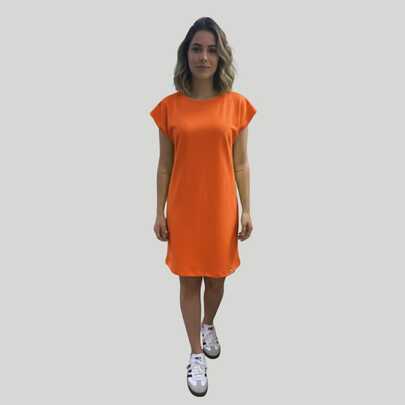 Vestido Feminino Midi Manga Curta Cor Sólida Moletinho