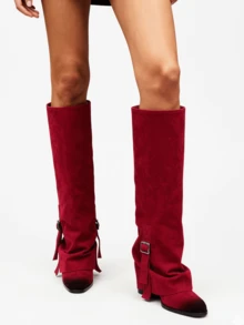 Women's Knee High Boots Fold Over Mid Calf Boots Wide Calf Pointed Toe Chunky Heel Boots Autumn Winter Dress Shoes - Đỏ - Xem 4