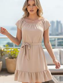 Women's Dress With Versatile Collar, Bow, And Ruffle - 黑色 - 查看 3