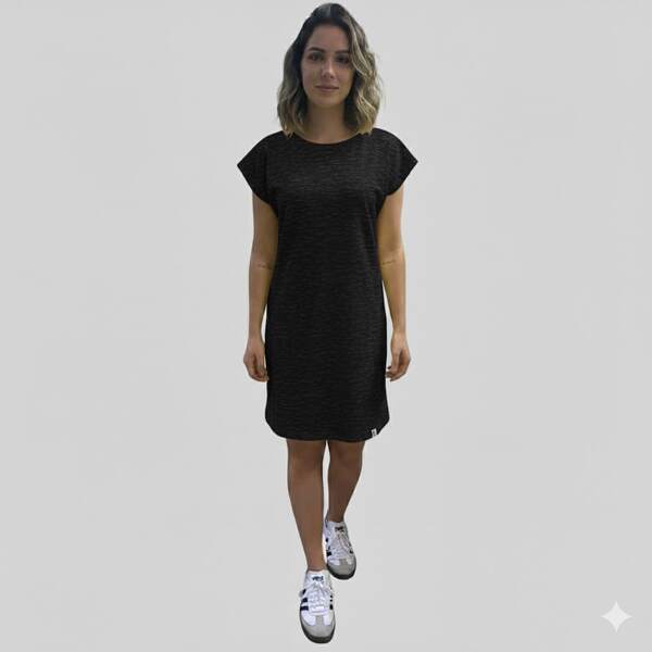 Vestido Feminino Midi Manga Curta Cor Sólida Moletinho